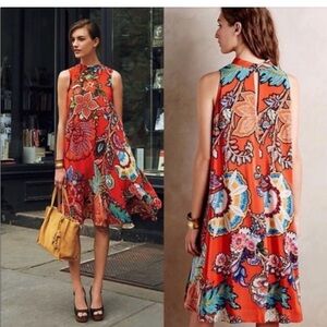 ANTHROPOLOGIE MAEVE Larkhill 100% Silk Orange Floral High Neck Swing Dress Small